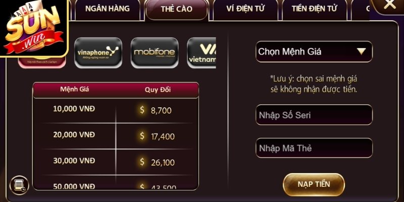 Đánh giá hệ thống nạp rút tiền Sunwin